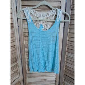 Pink Rose Tank Top Womens M Blue White Print Round Neck Lace